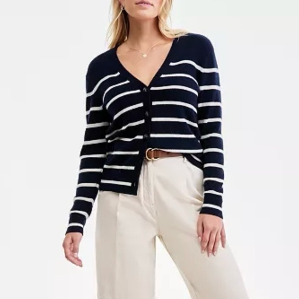 Charter Club Women's 100% Cashmere V-neck Cardigan in Admiral Navy Combo Size XS